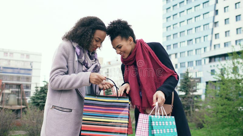 2 молодых Афро-американских женщины деля их новые приобретения в shoppping кладут в мешки друг с другом Привлекательный говорить стоковое изображение 2 молодых Афро-американских женщины деля их новые приобретения в shoppping кладут в мешки друг с другом Привлекательный говорить стоковое изображение
