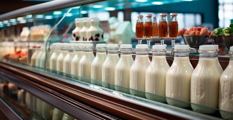 молочные продукты кефира в холодильной витрине магазина Иллюстрация ...