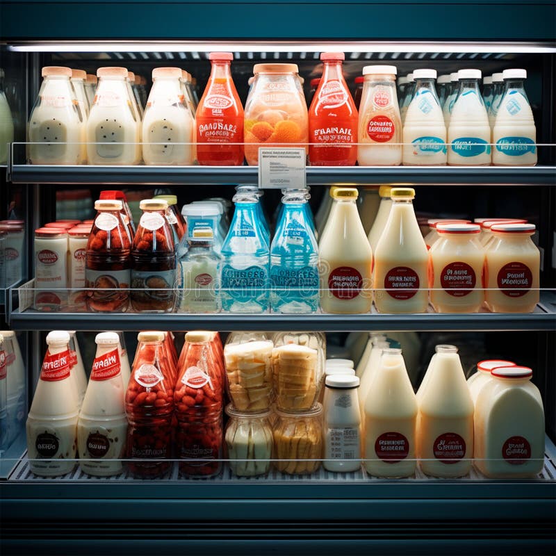 молочные продукты кефира в холодильной витрине магазина Иллюстрация ...