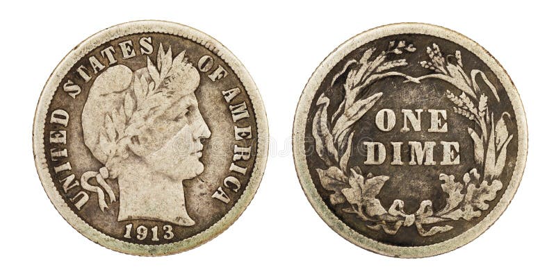 1913 Liberty Barber dime ten cent US coin both sides isolated on white. 1913 Liberty Barber dime ten cent US coin both sides isolated on white