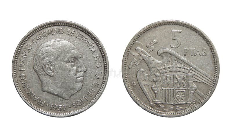 Монетки Испании 5 pesetas 1957 стоковые изображения rf Монетки Испании 5 pesetas 1957 стоковые изображения rf