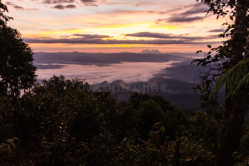 Море тумана с Doi Luang Chiang Dao, запрудой Doi формы взгляда в Wianghaeng стоковые фото