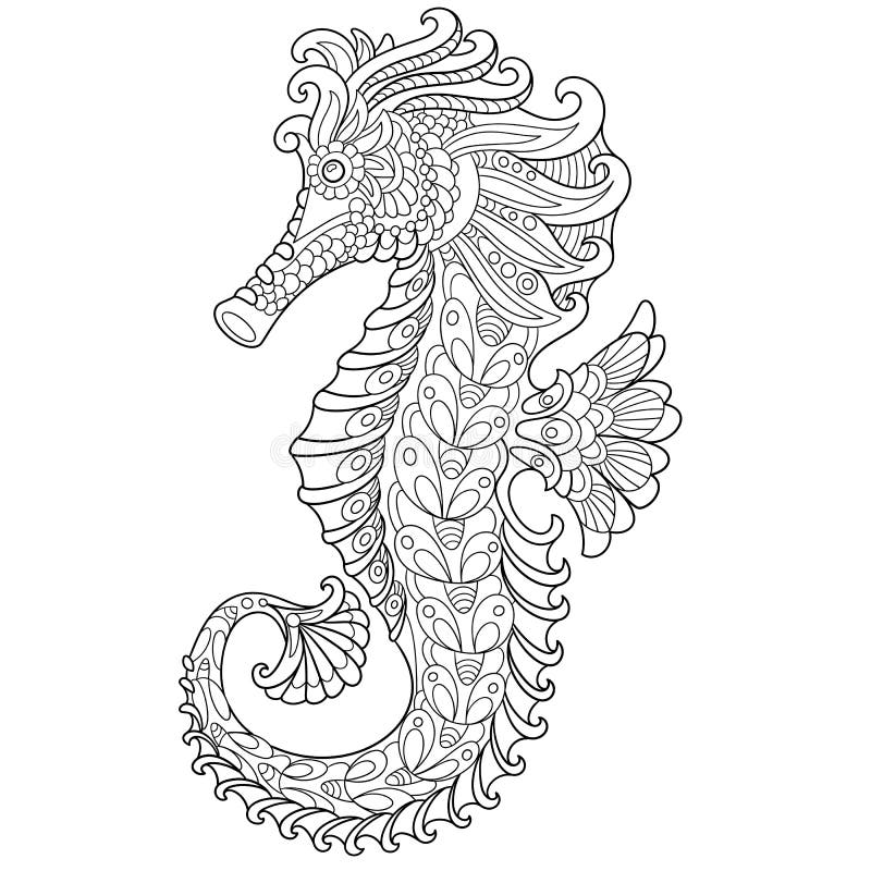 Zentangle stylized cartoon seahorse, isolated on white background. Hand drawn sketch for adult antistress coloring page, T-shirt emblem, logo or tattoo with doodle, zentangle, floral design elements. Zentangle stylized cartoon seahorse, isolated on white background. Hand drawn sketch for adult antistress coloring page, T-shirt emblem, logo or tattoo with doodle, zentangle, floral design elements.