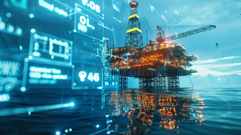 морской нефтяной платформы в океане, показывающей цифровые индикаторы роста затрат, представляющие нефтяные отрасли стоковые фотографии rf