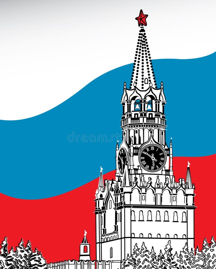 A graphic illustration of the Moscow Kremlin against the background of the flag of Russia.Vector. A graphic illustration of the Moscow Kremlin against the background of the flag of Russia.Vector