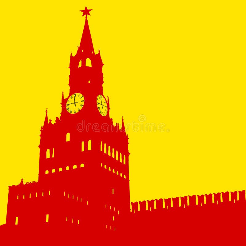 Moscow, Russia Kremlin Spasskaya Tower with clock silhouette, vector illustration. Moscow, Russia Kremlin Spasskaya Tower with clock silhouette, vector illustration.
