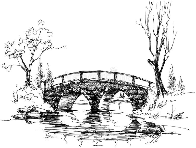 A sketch of landscape with bridge over river. A sketch of landscape with bridge over river