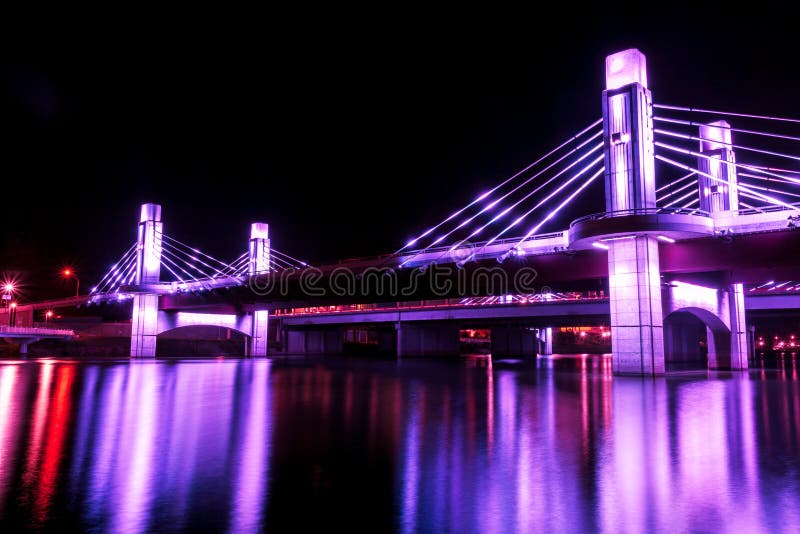 Bridge over Brazos River illuminated by LED in Waco, Texas / Light painted bridge. Bridge over Brazos River illuminated by LED in Waco, Texas / Light painted bridge.