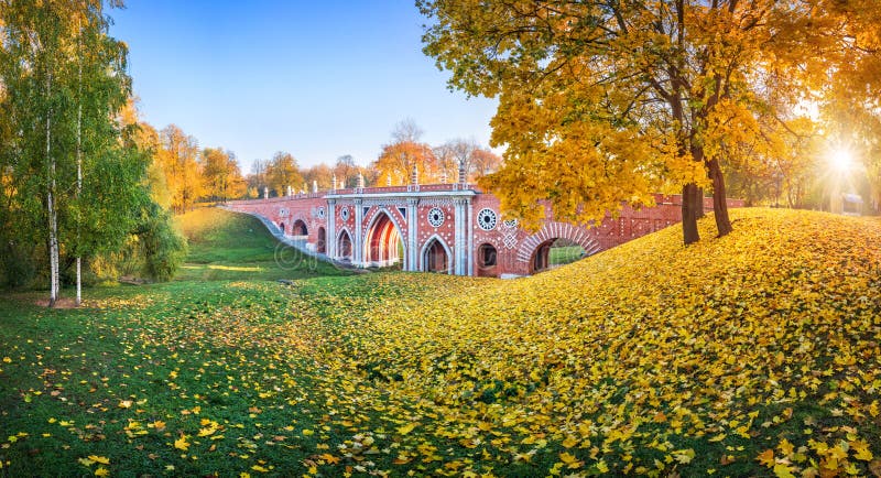 Tsaritsyno park in Moscow among colorful autumn trees and autumn