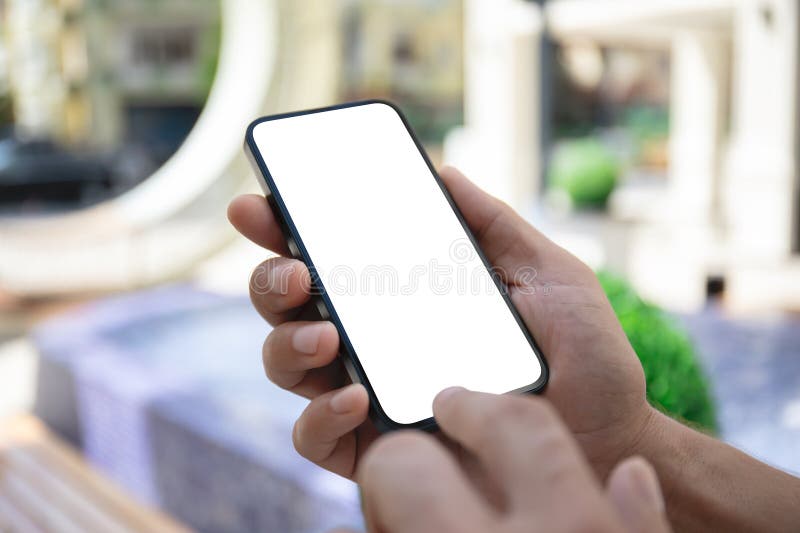 мужская рука телефон изолированный экран фоновый торговый центр стоковое изображение