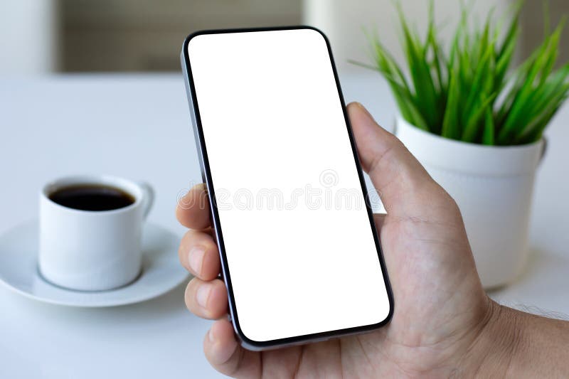 мужской держатель телефон изолированный экран фоновый кофе в офисе стоковая фотография