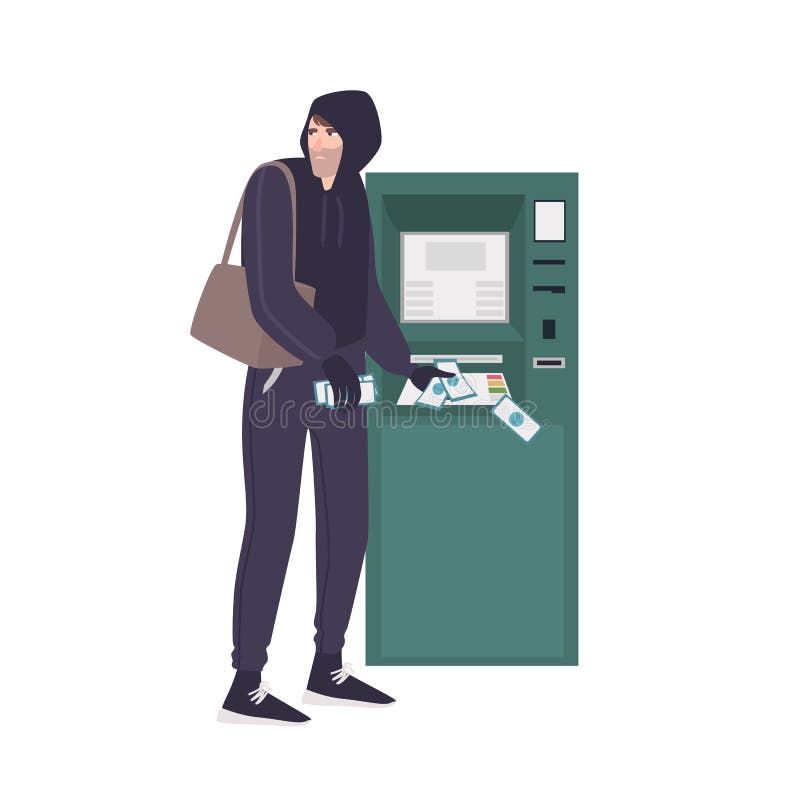 Мужской похититель крадя банкноты денег от ATM Молодой сердитый человек в преступлении hoodie совершая Похищение или ограбление в иллюстрация штока