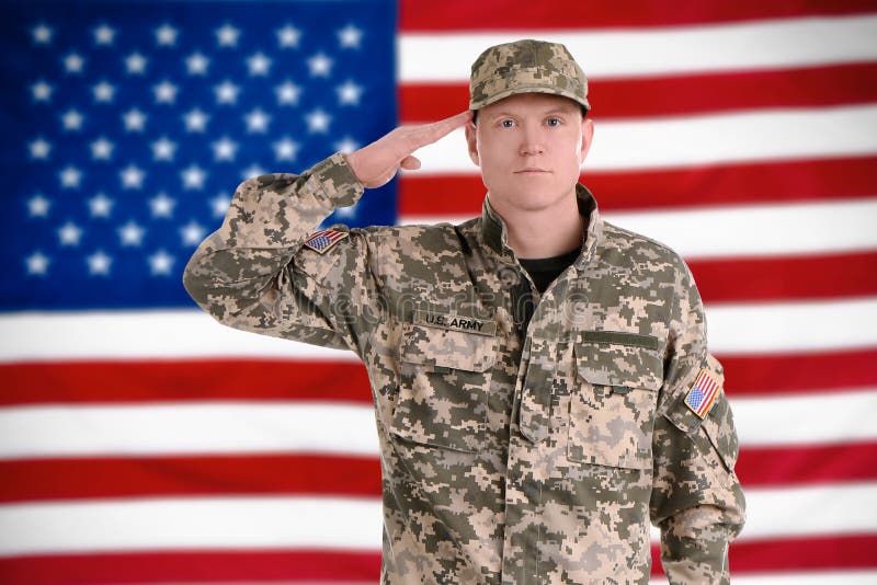 Male soldier and American flag on background. Military service. Male soldier and American flag on background. Military service