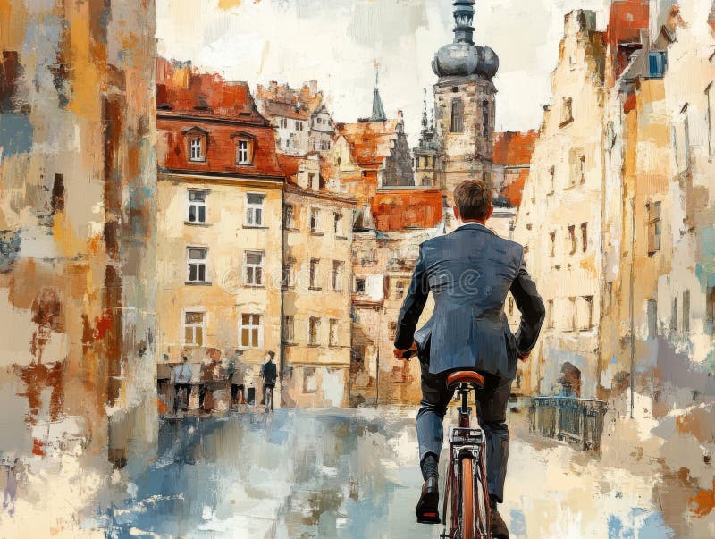 Мужчина в костюме ездит на винтажном велосипеде по Cobblestone Street Watercolor Cityscape иллюстрация вектора
