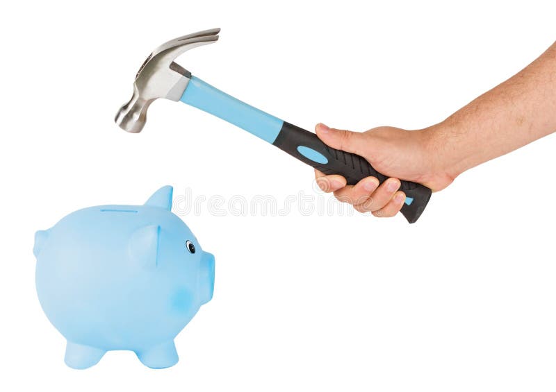 Man holding a hammer and breaking a piggy bank. Using savings concept. Isolated on white background. Man holding a hammer and breaking a piggy bank. Using savings concept. Isolated on white background