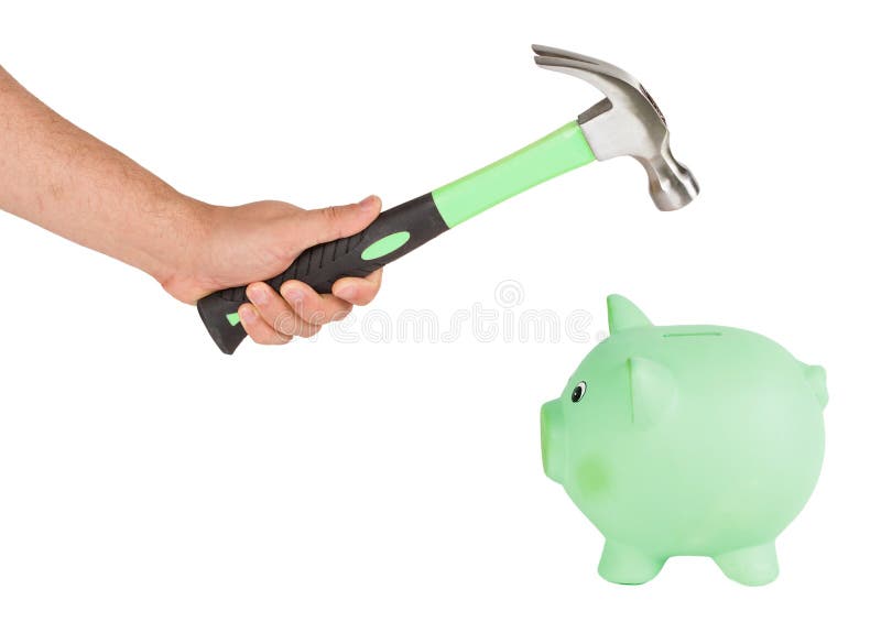 Man holding a hammer and breaking a piggy bank. Using savings concept. Isolated on white background. Man holding a hammer and breaking a piggy bank. Using savings concept. Isolated on white background