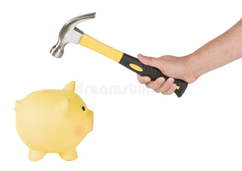 Man holding a hammer and breaking a piggy bank. Using savings concept. Isolated on white background. Man holding a hammer and breaking a piggy bank. Using savings concept. Isolated on white background