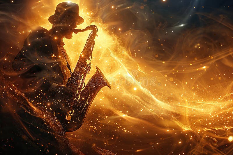 мужчина играет на сцене саксофона. золотой фон бесплатная иллюстрация