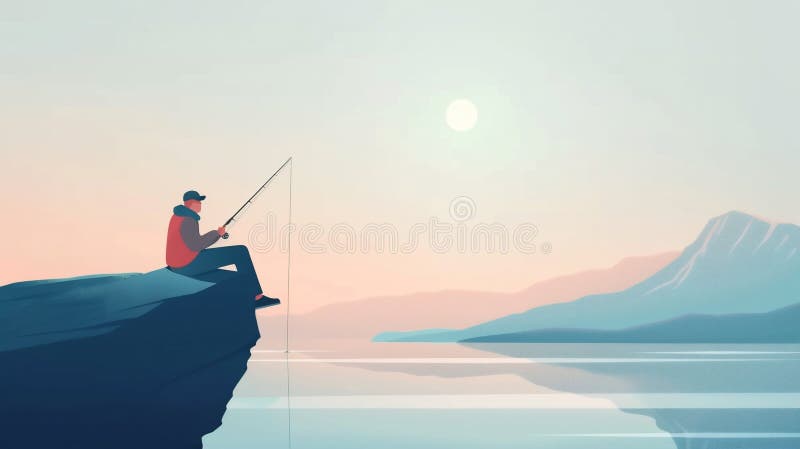 The man is fishing by the lake shore at sunset. Flat modern illustration. Perfect for banners, posters, websites, and more. Copy space for text. AI generated. The man is fishing by the lake shore at sunset. Flat modern illustration. Perfect for banners, posters, websites, and more. Copy space for text. AI generated