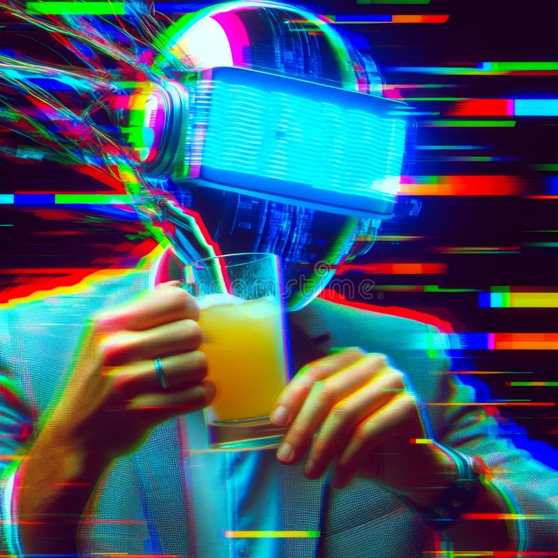 Man with virtual reality headset and a glass of orange juice. Mixed media AI generated. Man with virtual reality headset and a glass of orange juice. Mixed media AI generated