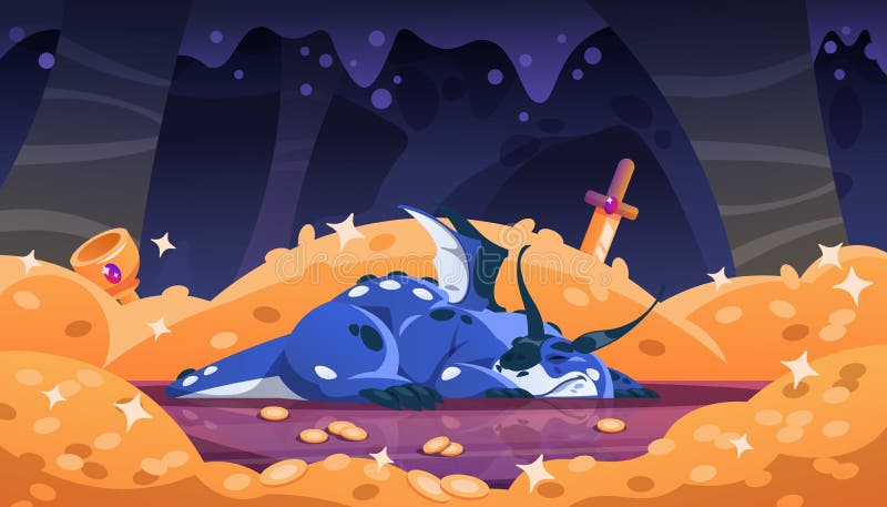 мультфильм дракон на золото. сказочное существо, лежащее на куче сокровищ в темной пещере. характер летающего динозавра иллюстрация штока