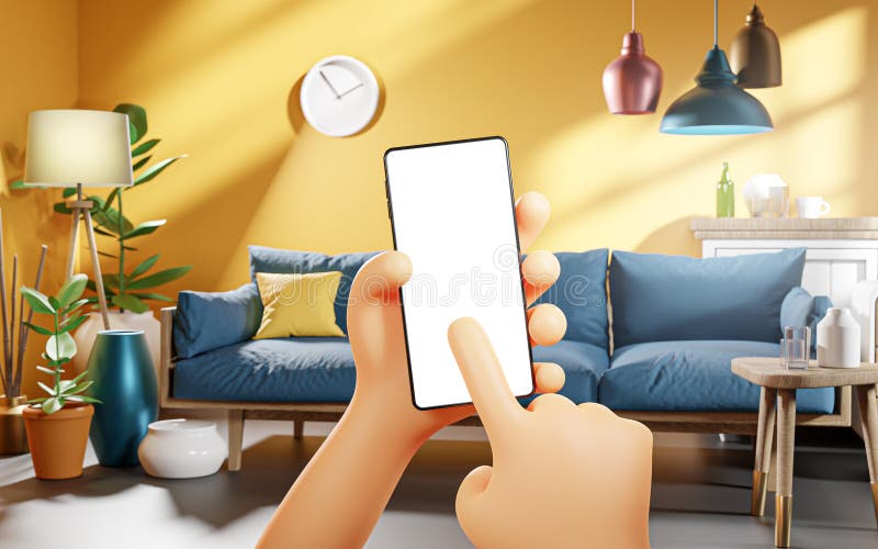 мультфильм милый телефон для касания рук в гостиной. визуализация шаблона макета реального мира 3d иллюстрация вектора