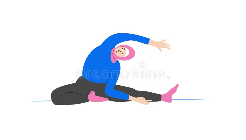 Муслимка делает упражнения на йоге. спортивный спорт для женщин в хиджабе. иллюстрация концепции положительного действия тела