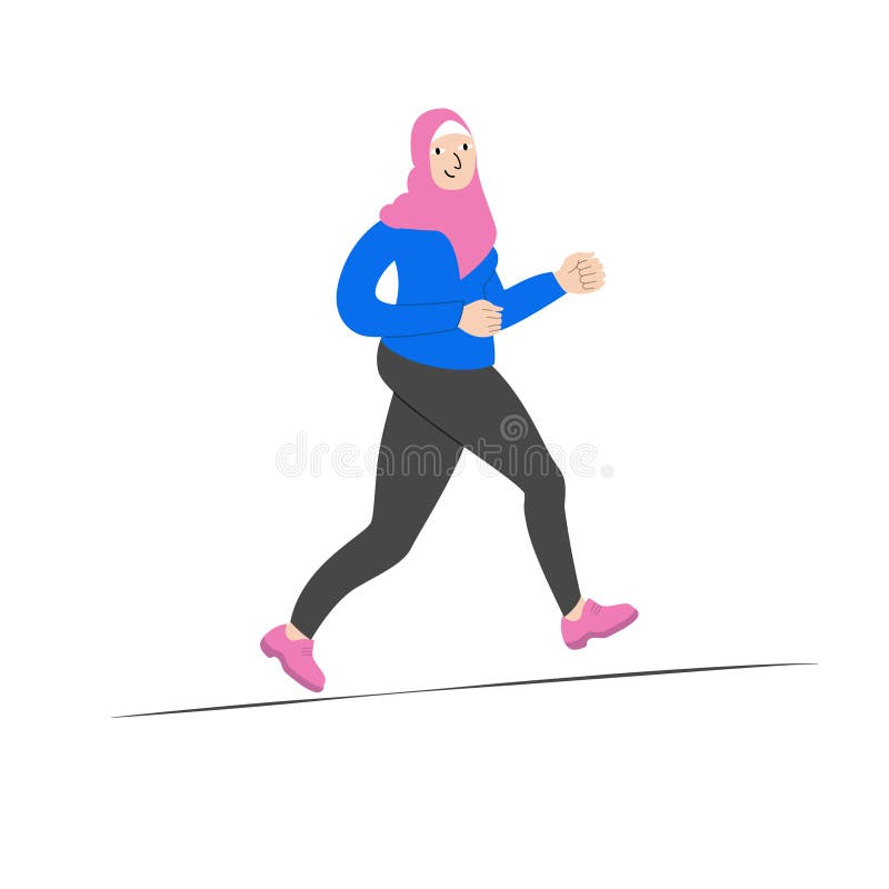муслимская женщина бежит. спортивный спорт для женщин в хиджабе. иллюстрация концепции положительного действия тела