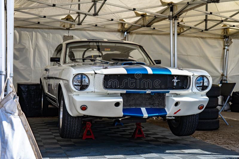 Мустанг кобры Форда Shelby GT 350 в montjuic шоу автомобиля цепи Барселоны духа стоковые изображения Мустанг кобры Форда Shelby GT 350 в montjuic шоу автомобиля цепи Барселоны духа стоковые изображения