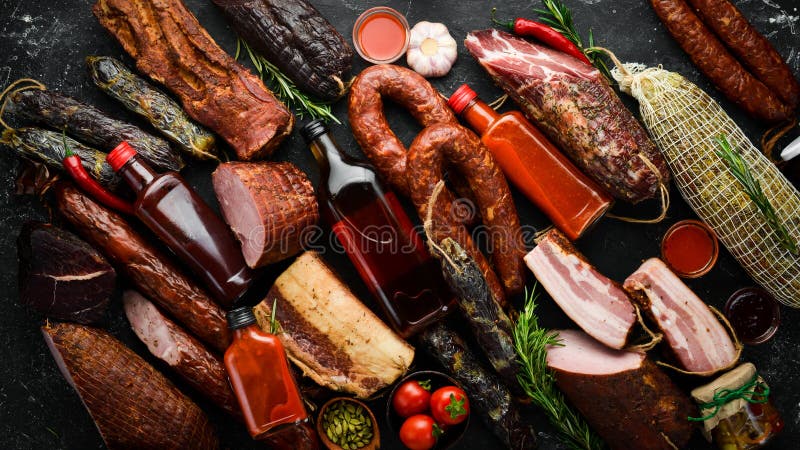мясной баннер. набор колбас из копченого мяса салями и соленого мяса. стоковые изображения rf