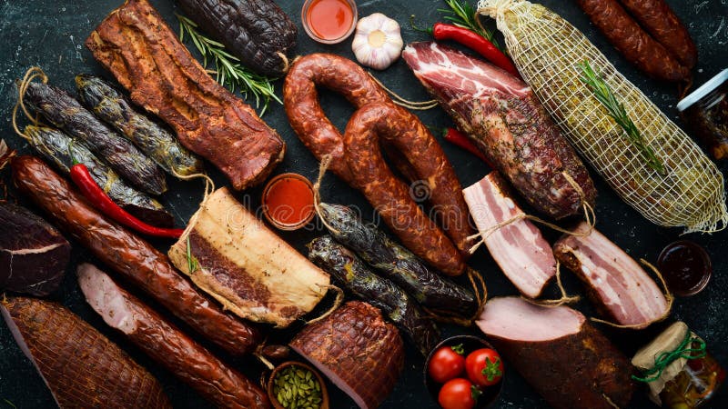 мясной баннер. набор колбас из копченого мяса салями и соленого мяса. стоковые изображения