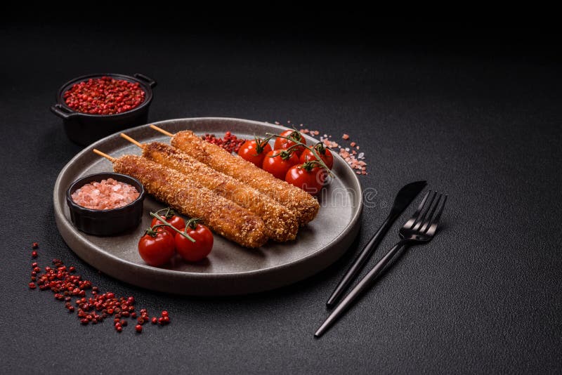 мясо лула кебаб, жареное на костре в солевых специях и травах. мясо лула кебаб, жареное на костре, с солеными специями и травами на темно-бетонном фоне