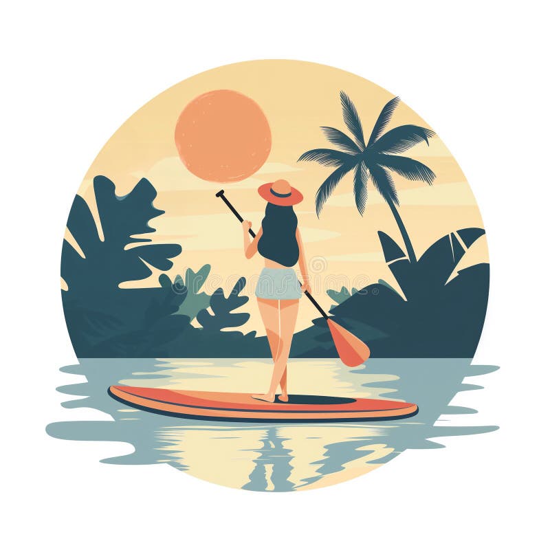 A woman is paddling on a stand-up paddleboard &#x28;SUP&#x29; on the tropical island. Flat modern illustration style. Perfect for banners, posters, websites, and more. Copy space for text. AI generated. A woman is paddling on a stand-up paddleboard &#x28;SUP&#x29; on the tropical island. Flat modern illustration style. Perfect for banners, posters, websites, and more. Copy space for text. AI generated