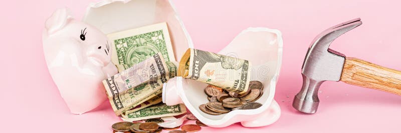 Broken Piggy bank on pink background. mockup, template. Web banner. Concept of financial crisis after coronavirus covid-19 pandemic. Broken Piggy bank on pink background. mockup, template. Web banner. Concept of financial crisis after coronavirus covid-19 pandemic