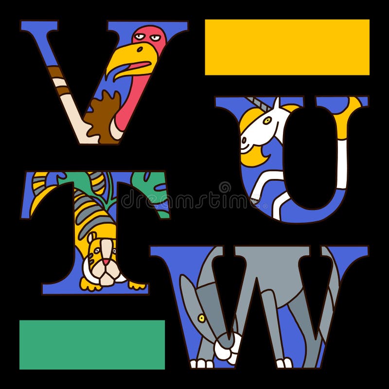 Набор t писем алфавита Serif, u, v, w с покрашенным хищником doodle, единорогом, тигром, волком иллюстрация штока Набор t писем алфавита Serif, u, v, w с покрашенным хищником doodle, единорогом, тигром, волком иллюстрация штока