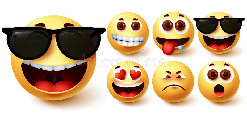 Набор вектора emoji смайлик. Красивая желтая сторона smileys с разными чувствами и выражениями лица бесплатная иллюстрация