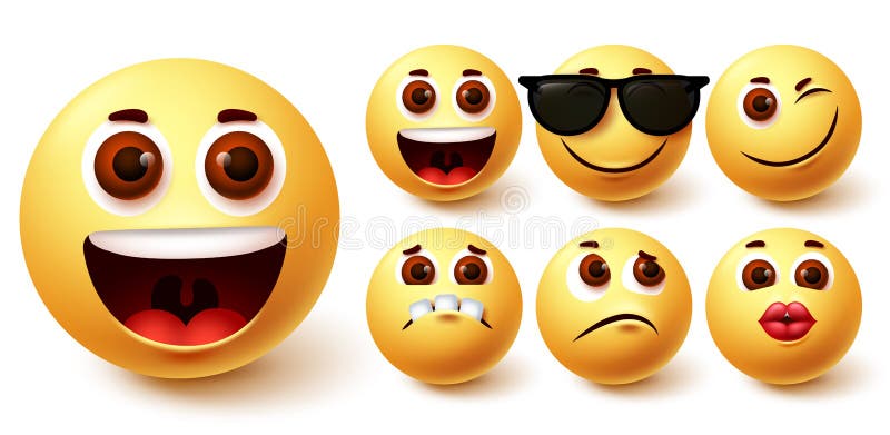 Набор вектора emojis смайлик. Лицо smileys emoji довольно желтая в различных выражений лица иллюстрация штока