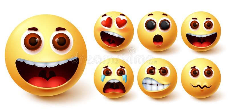 Набор вектора emojis смайлик. Лицо smileys emoji довольно желтая со счастливым плакать злой иллюстрация штока