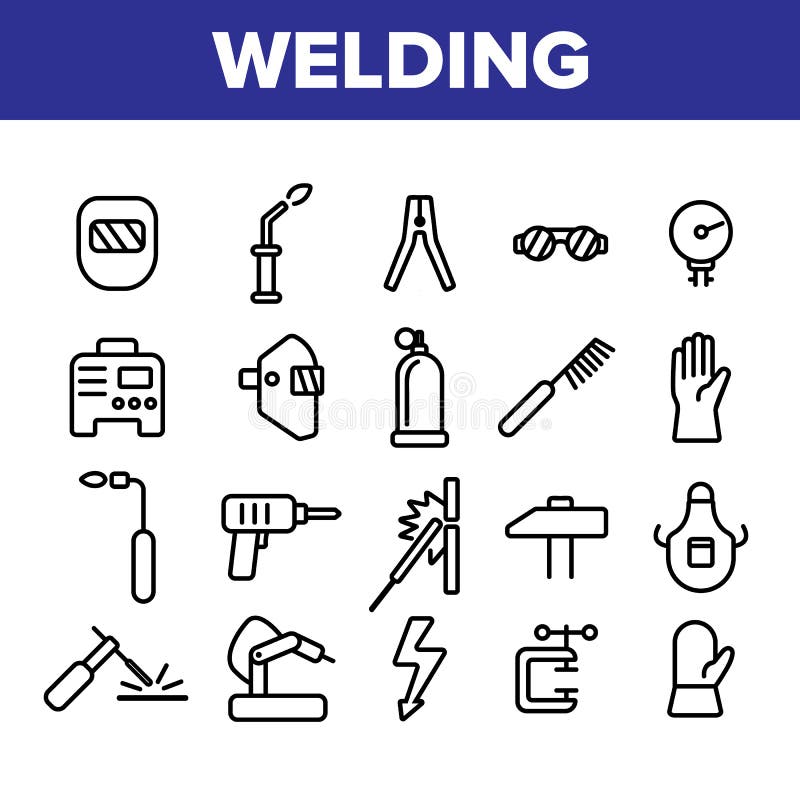 Welding Equipment Linear Icons Vector Set. Construction, Welding, Brazing Tools, Stuff Thin Line Icons Collection. Welders Instruments, Protective Gear. Manufacturing Isolated Outline Symbols. Welding Equipment Linear Icons Vector Set. Construction, Welding, Brazing Tools, Stuff Thin Line Icons Collection. Welders Instruments, Protective Gear. Manufacturing Isolated Outline Symbols