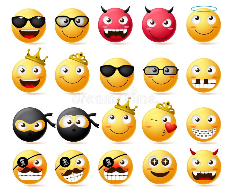 Набор вектора смайлика Smiley сторона и желтое emoji кроны короля и ферзя нося, ninja и бородатого пирата иллюстрация штока