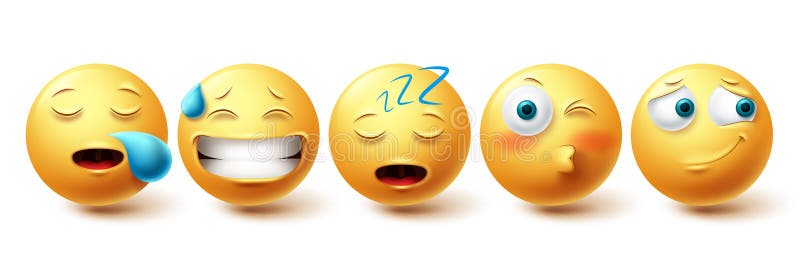 набор векторов sleepy face. смайлик желтый эмодзи со счастливым краснея храп и спать коллекция иллюстрация штока