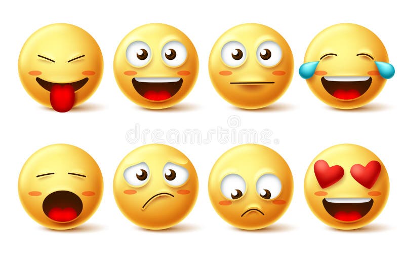 Набор значка вектора Smileys Смайлики и смешная smiley сторона со счастливым, грустным, inlove и капризными выражениями лица иллюстрация штока