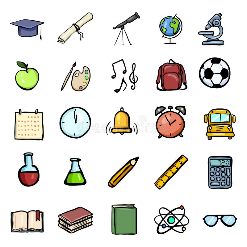 Vector Color Doodle Education Icons Set. University and School Subject Icons. Vector Color Doodle Education Icons Set. University and School Subject Icons