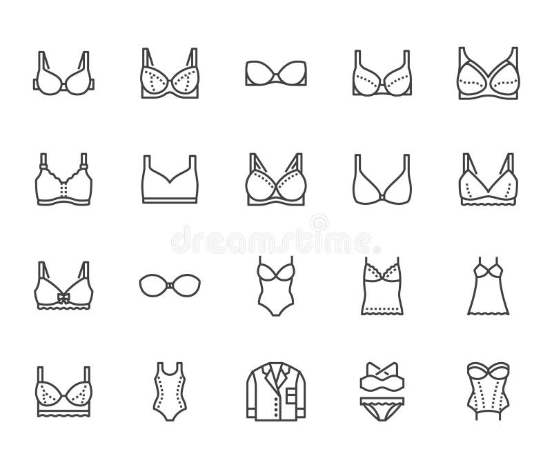 Lingerie flat line icons set. Bras types, woman underwear, maternity bra, chemise, pyjamas, swimwear, corset vector illustrations. Thin signs for clothes store. Pixel perfect 64x64. Editable Strokes. Lingerie flat line icons set. Bras types, woman underwear, maternity bra, chemise, pyjamas, swimwear, corset vector illustrations. Thin signs for clothes store. Pixel perfect 64x64. Editable Strokes.