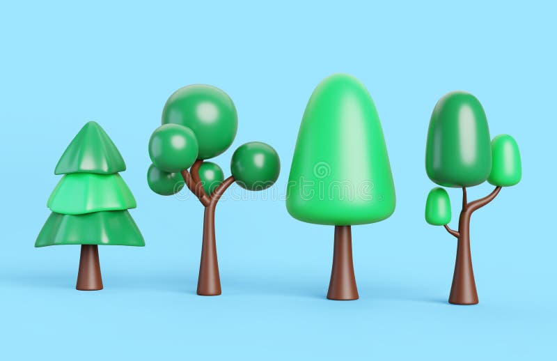 Набор значков рендеринга мультипликации 3d зеленых деревьев. Летние пейзажи. Абстрактный еловый дуб для сада бесплатная иллюстрация