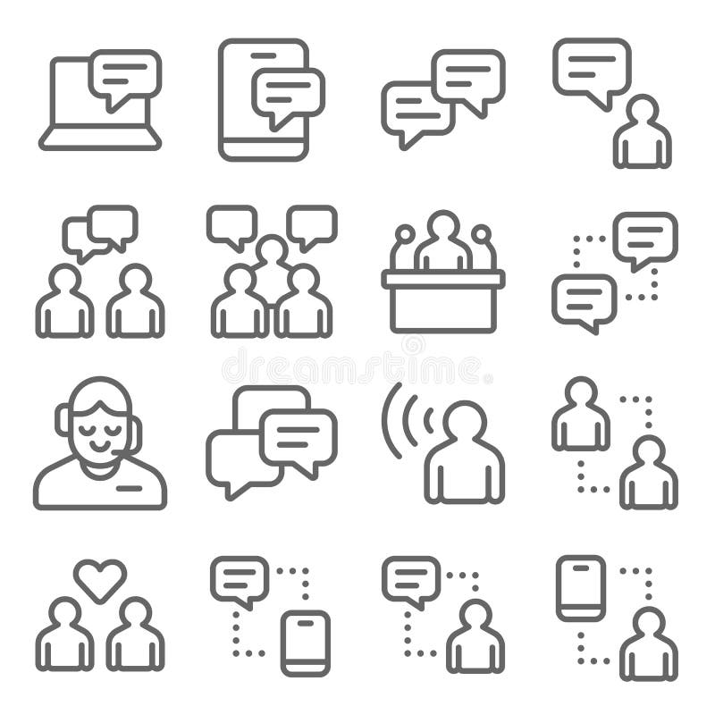 Communication Vector Line Icon Set. Contains such Icons as Message, Public Speaker, Chat, Customer Support, Listener, Discussion and more. Expanded Stroke. Communication Vector Line Icon Set. Contains such Icons as Message, Public Speaker, Chat, Customer Support, Listener, Discussion and more. Expanded Stroke