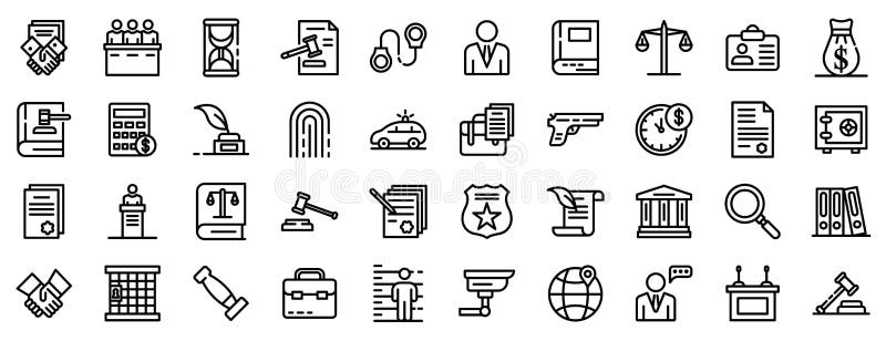 Lawyer icons set. Outline set of lawyer vector icons for web design isolated on white background. Lawyer icons set. Outline set of lawyer vector icons for web design isolated on white background