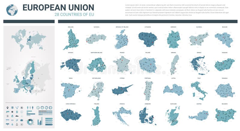 Набор карт вектора Максимум детализировал 28 карт государство-членов стран Европейского союза с административным округом и города
