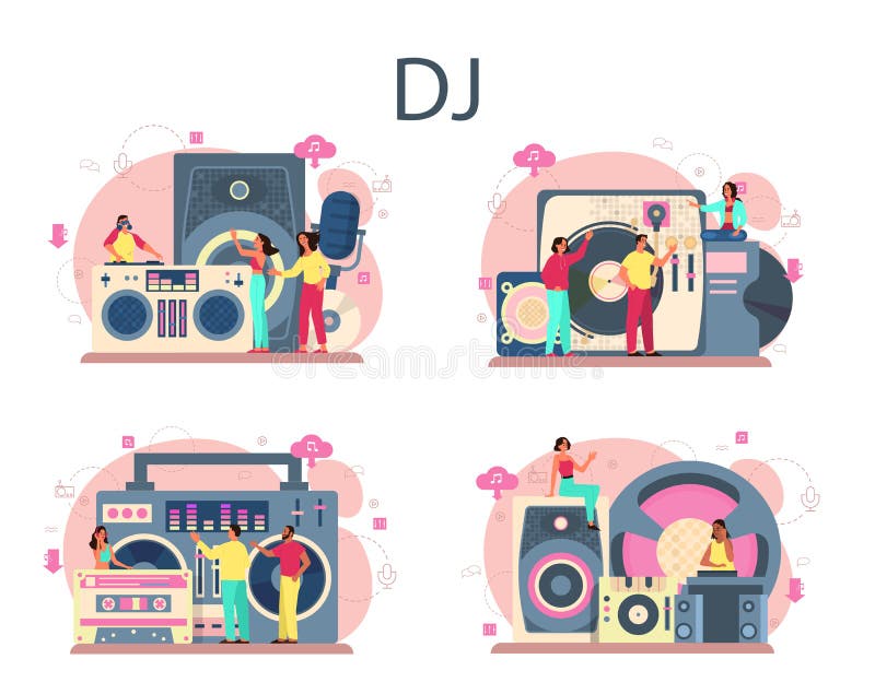 Набор концепции dj. Положение человека в смесителе turntable делает музыку в клубе. иллюстрация штока