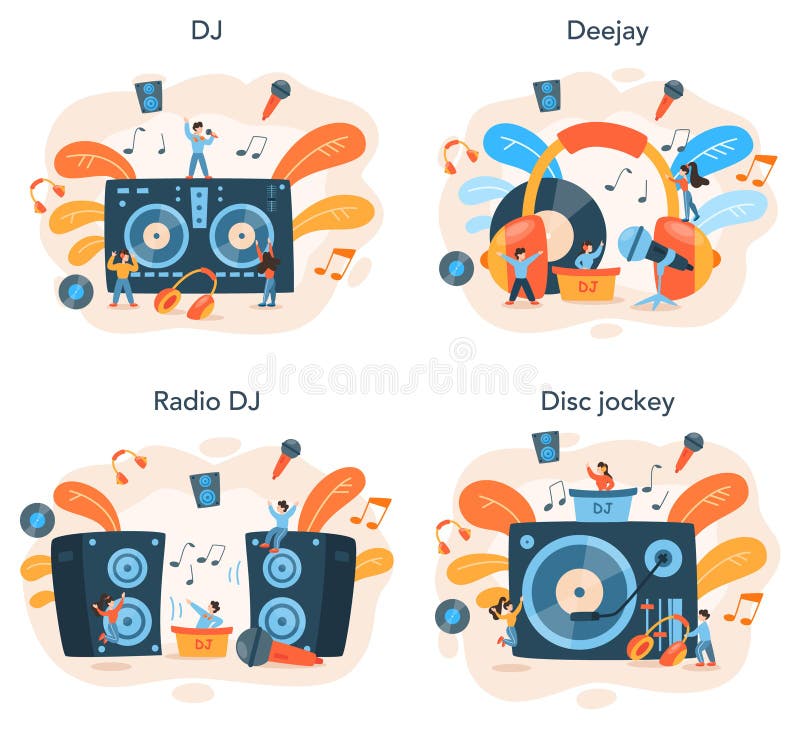 Набор концепции dj. Положение человека в смесителе turntable делать музыку иллюстрация вектора